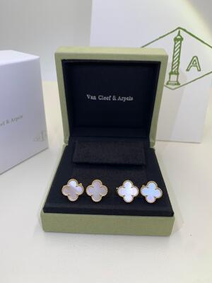VCA Alhambra Earrings Van Cleef And Arpels White Mother Pearl Malachite Carnelian